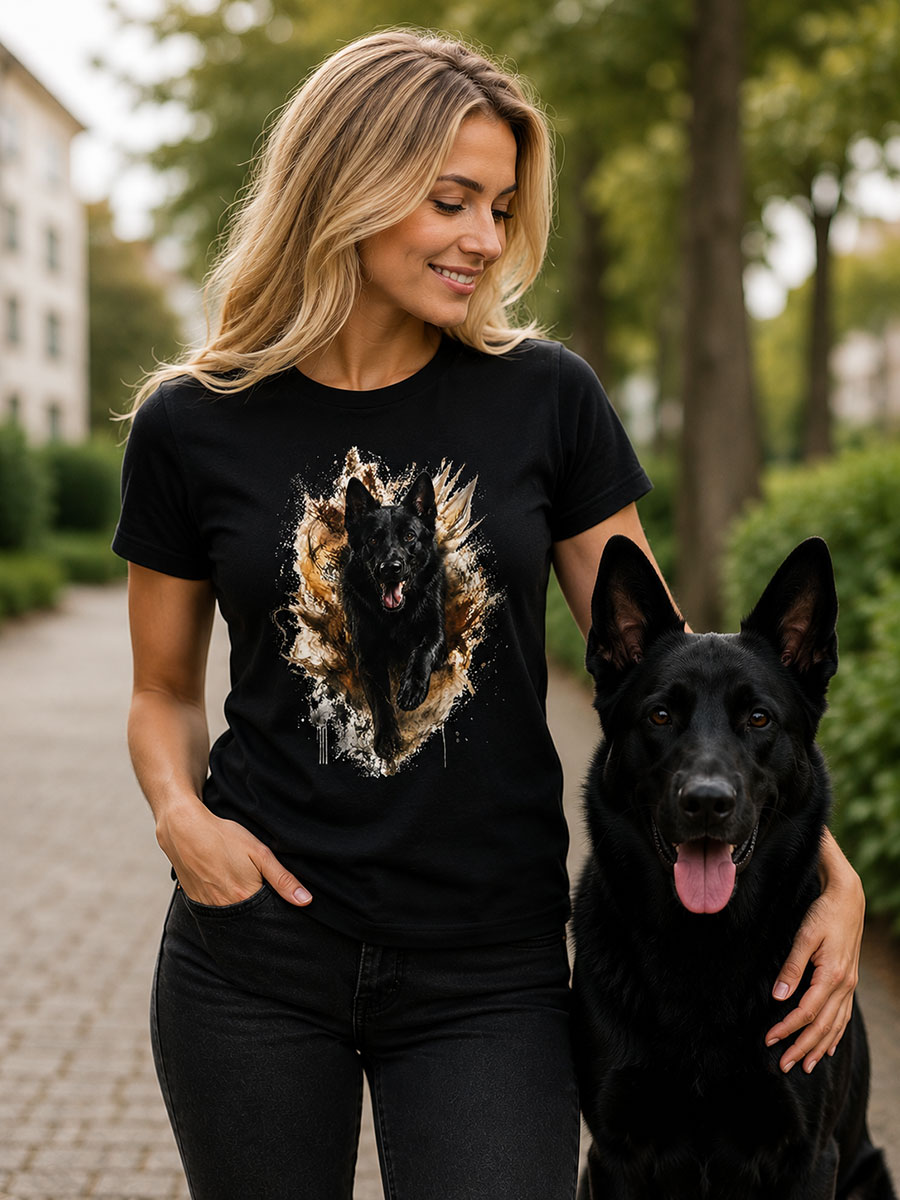 T-shirt met Actie-Print van zwarte Duitse Herder
