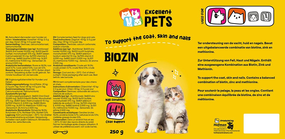 Etiket Excellent Pets Biozin met samenstelling en doseringsinstructies