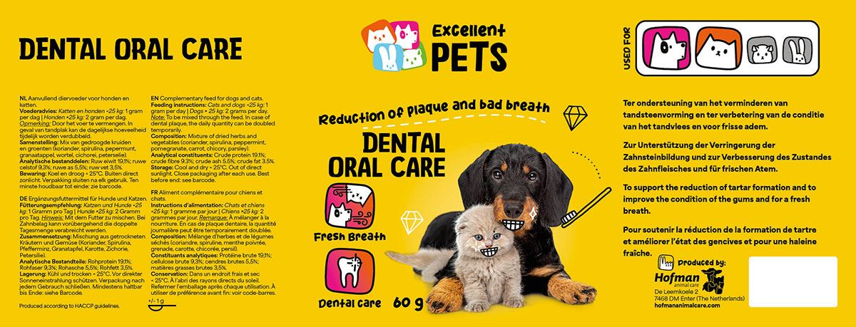 Etiket Excellent Pets Dental Oral Care met samenstelling en doseringsinstructies