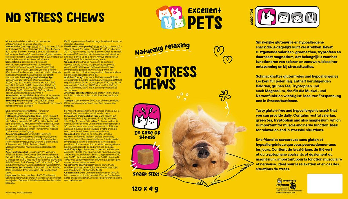 Etichetta Excellent Pets No Stress Soft Chews per cani