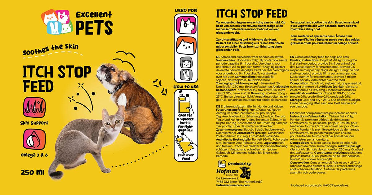Etiket Excellent Pets Itch Stop Feed voor honden en katten