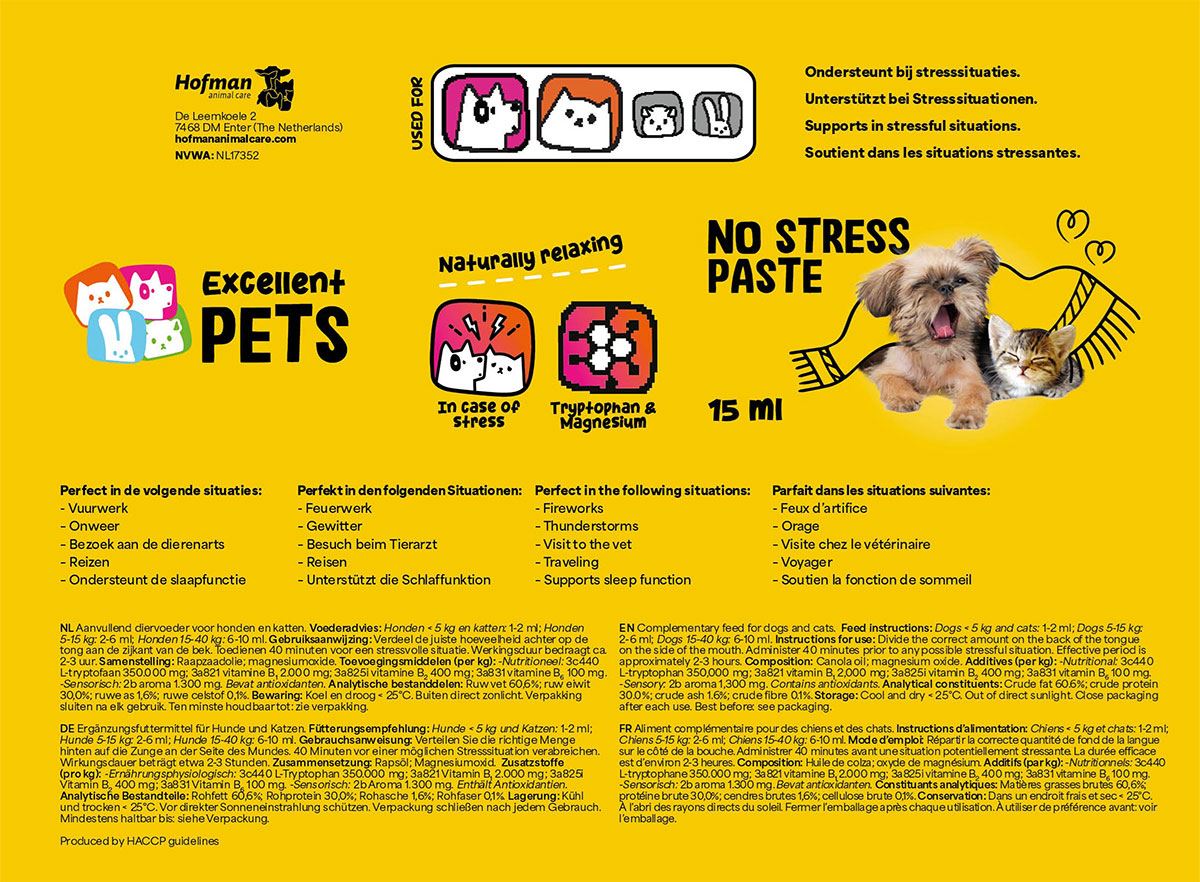 Etiket Excellent Pets No Stress Paste 15 ml met samenstelling en doseringsinstructies