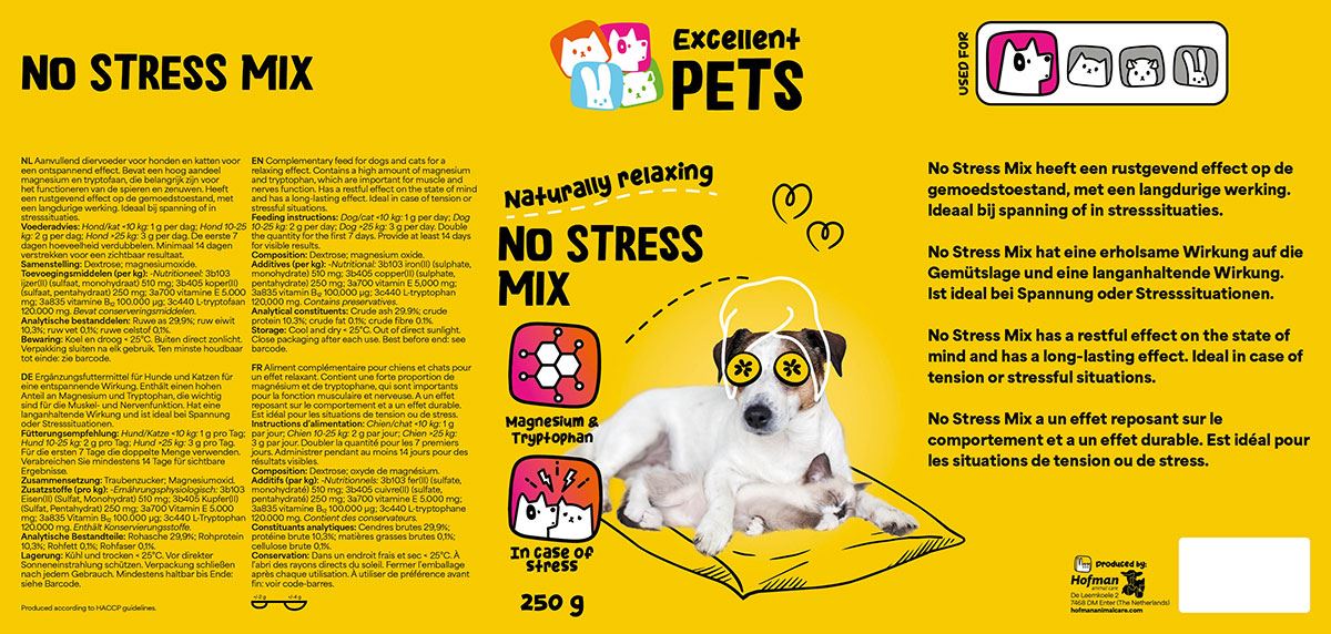 Etiket Excellent Pets No Stress Mix met samenstelling en doseringsinstructies