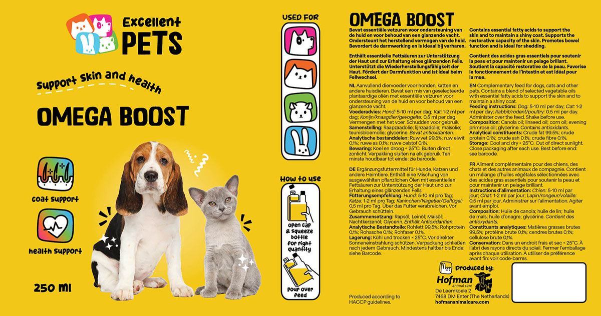 Etiket Excellent Pets Omega Boost met samenstelling en doseringsinstructies