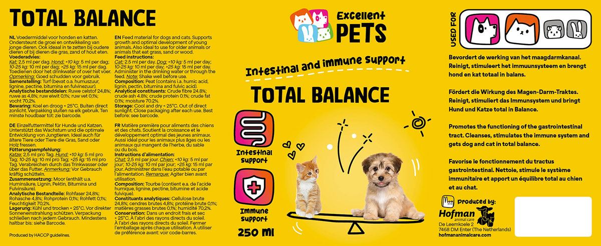 Etiket Excellent Pets Total Balance voor honden en katten