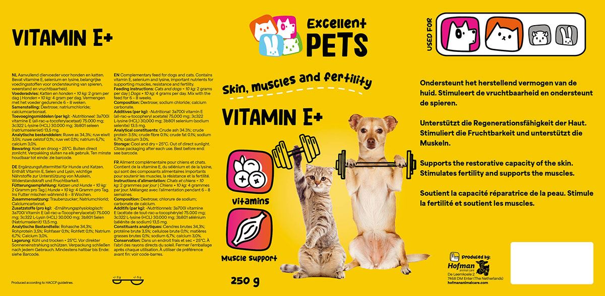 Etiket Excellent Pets Vitamin E+ voor honden