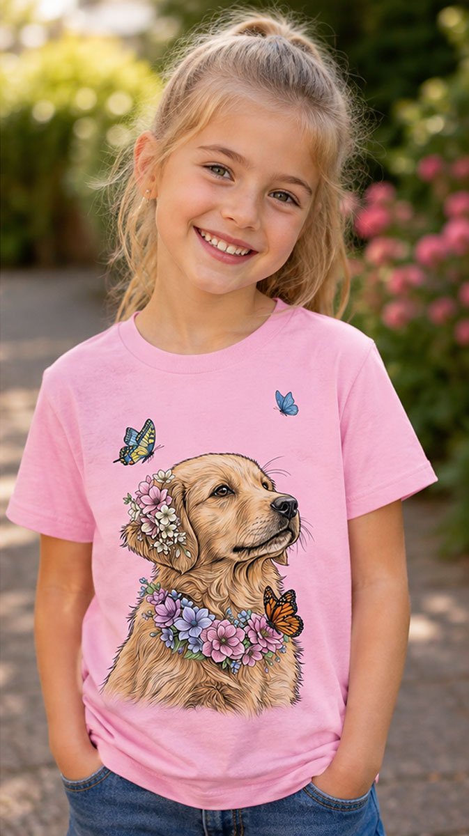 T-shirt Golden Retriever Tekening met bloemen en vlinders